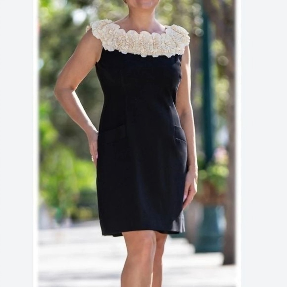 🍁50% Off Rdy 4 Fall Sale TAYLOR Black Ponte Sheath Dress w/ Rosette Flower Colla